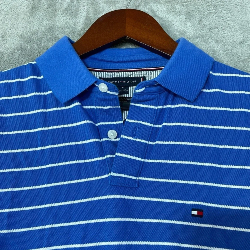 Tommy Hilfiger Polo Shirt Men's M Blue Cotton Blend Striped Classic Fit